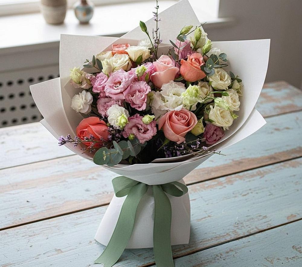 Букет цветов из: Розы, Лизиантусы и Гвоздики в Антипихе