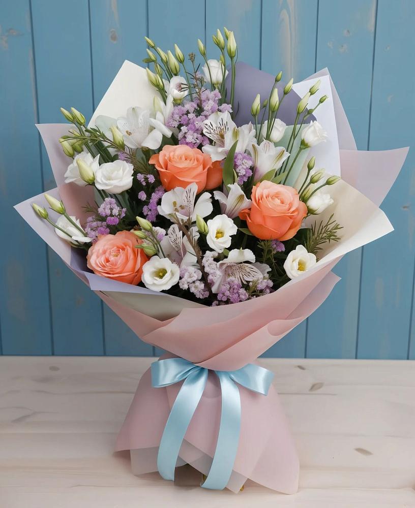 Букет цветов из: Лизиантусы, Розы, Альстромерии и Гипсофила в Антипихе